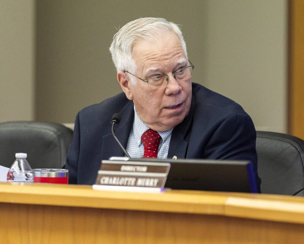 Stanwood-Camano School Board member Al Schreiber at a school board meeting on Tuesday, Feb. 18, 2025 in Stanwood, Washington. (Olivia Vanni / The Herald)
