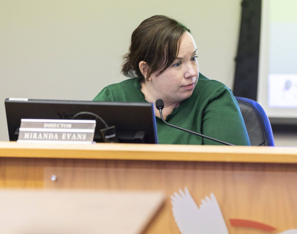Stanwood-Camano School Board member Miranda Evans at a school board meeting on Tuesday, Feb. 18, 2025 in Stanwood, Washington. (Olivia Vanni / The Herald)

