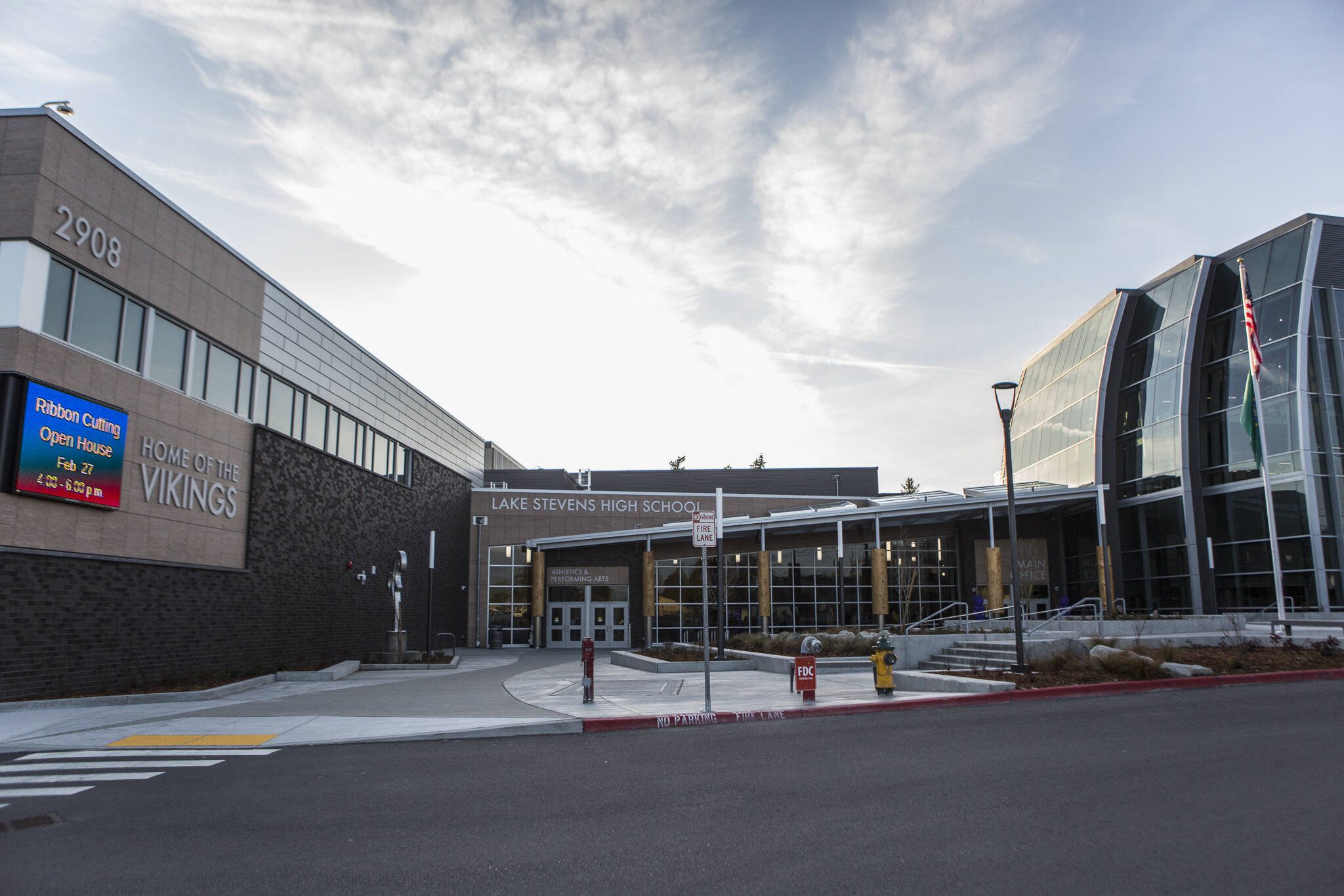 Outside of the updated section of Lake Stevens High School on Thursday, Feb. 27, 2020 in Lake Stevens, Wash. (Olivia Vanni / The Herald)