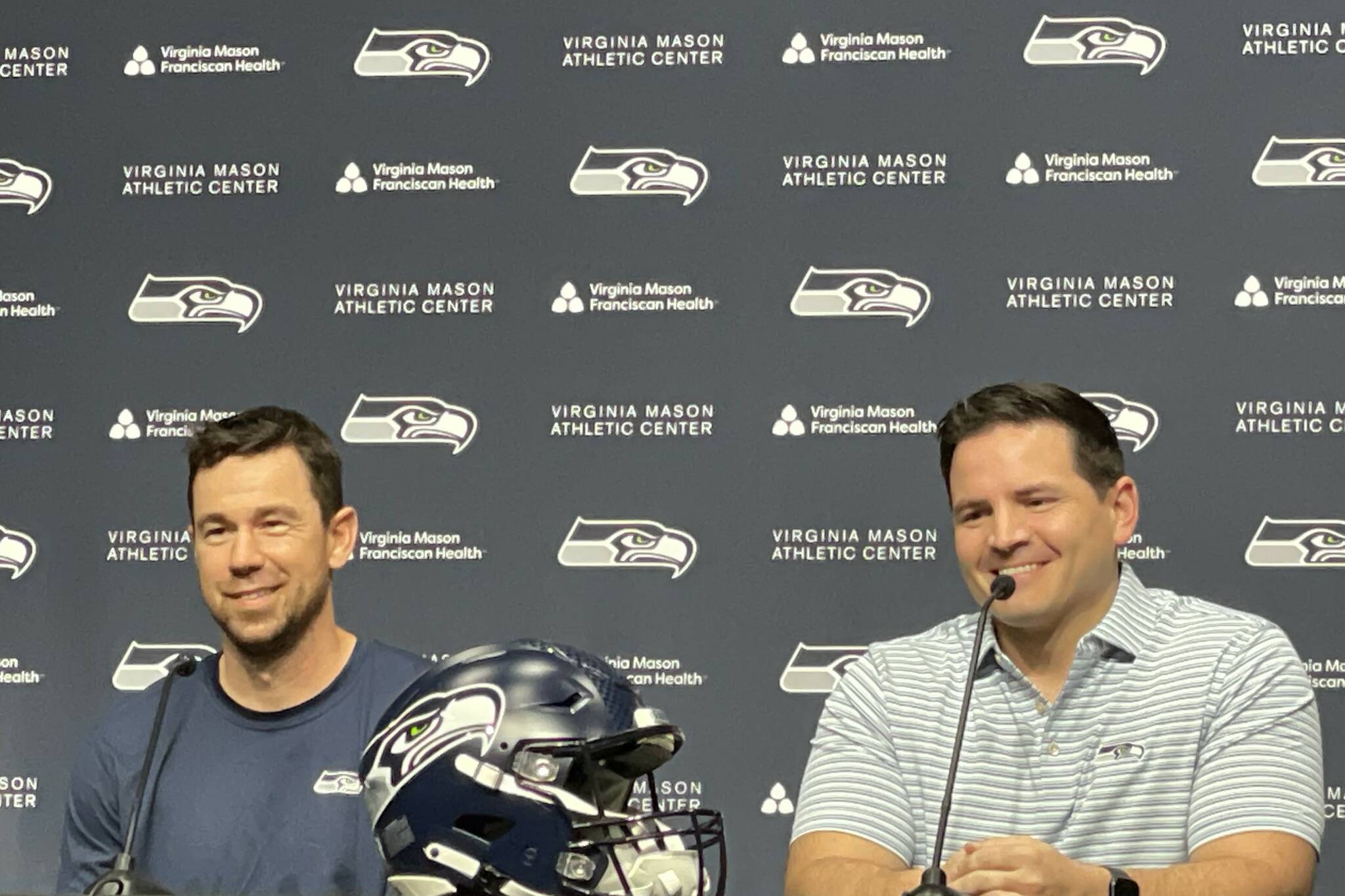Seahawks offensive coordinator Klint Kubiak (left) and head coach Mike Macdonald (right) spoke to the media at the Virginia Mason Athletic Center in Renton on Tuesday, Feb. 11, 2025 (Aaron Coe / The Herald)