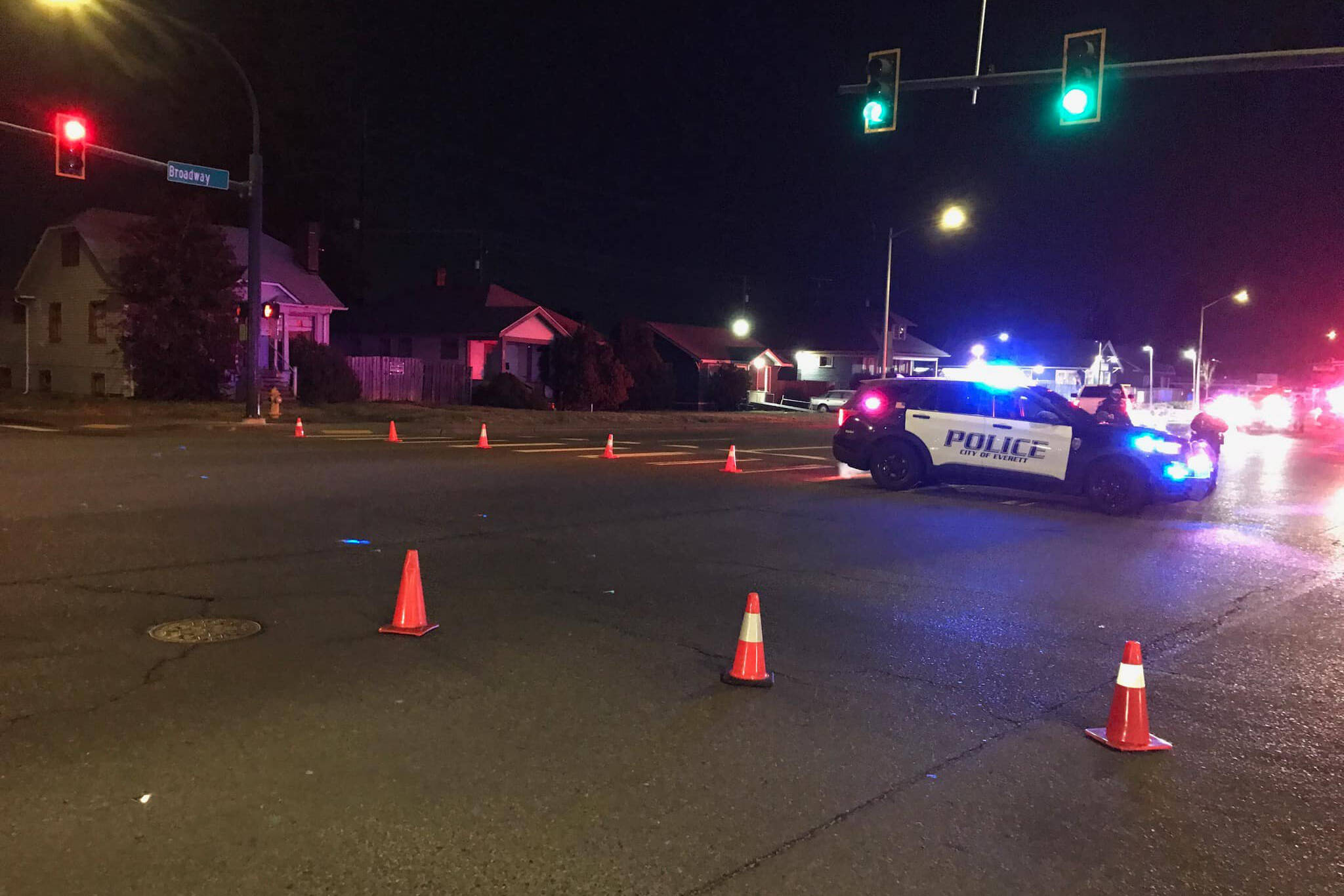 Everett police on the scene of a fatal collision at 13th Street and Broadway on Wednesday morning in Everett. (Everett Police Department)