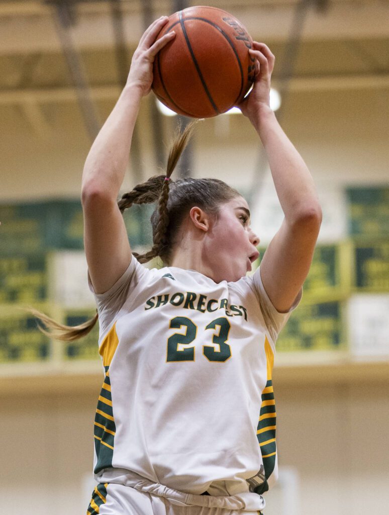 Shorecrest’s Cassie Chesnut yells instructions to her teammates after getting a rebound during the 3A district playoff game against Shorewood on Friday, Feb. 14, 2025 in Shoreline, Washington. (Olivia Vanni / The Herald)
