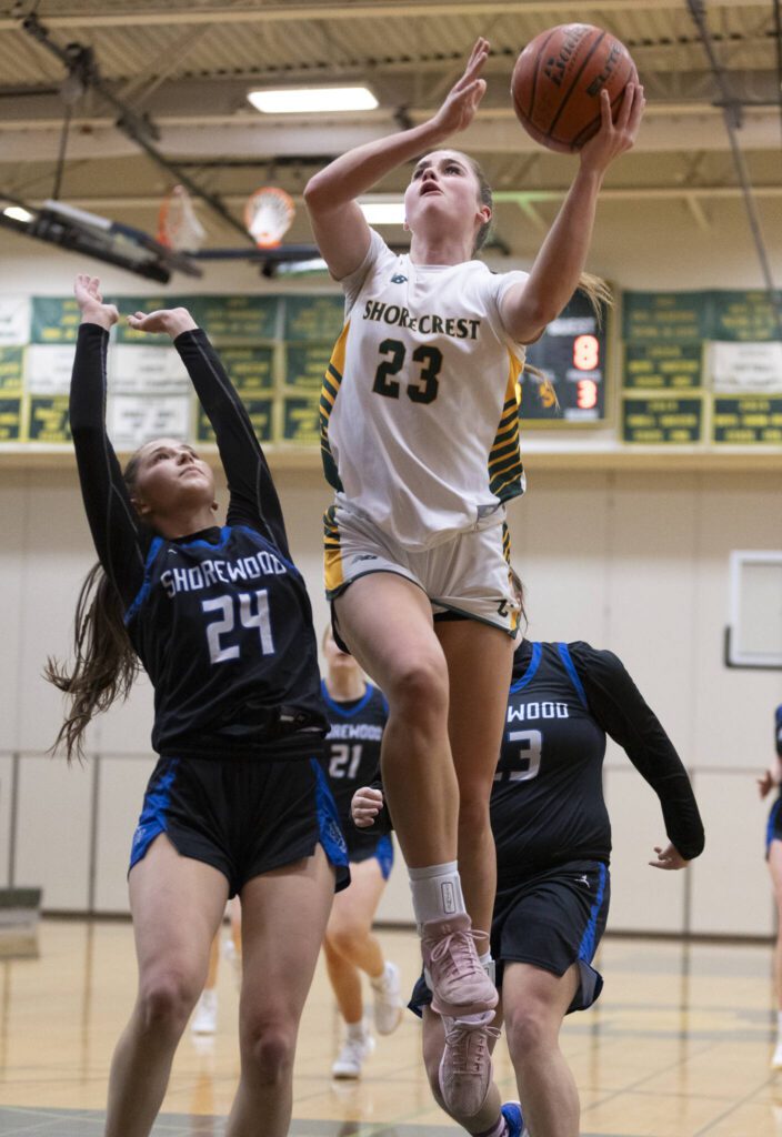 Shorecrest’s Cassie Chesnut makes a layup during the 3A district playoff game against Shorewood on Friday, Feb. 14, 2025 in Shoreline, Washington. (Olivia Vanni / The Herald)
