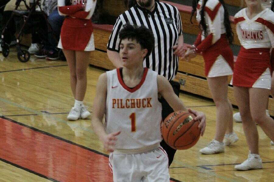 Marysville Pilchuck’s Michael Smathers Jr. takes the ball up the court during a Feb. 7, 2025 home league game against Monroe. (Courtesy of Spencer Janzen)