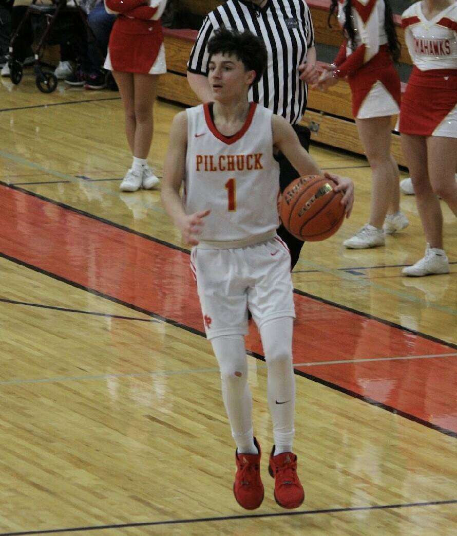 Marysville Pilchuck's Michael Smathers Jr. takes the ball up the court during a Feb. 7, 2025 home league game against Monroe. (Photo courtesy of Spencer Janzen)