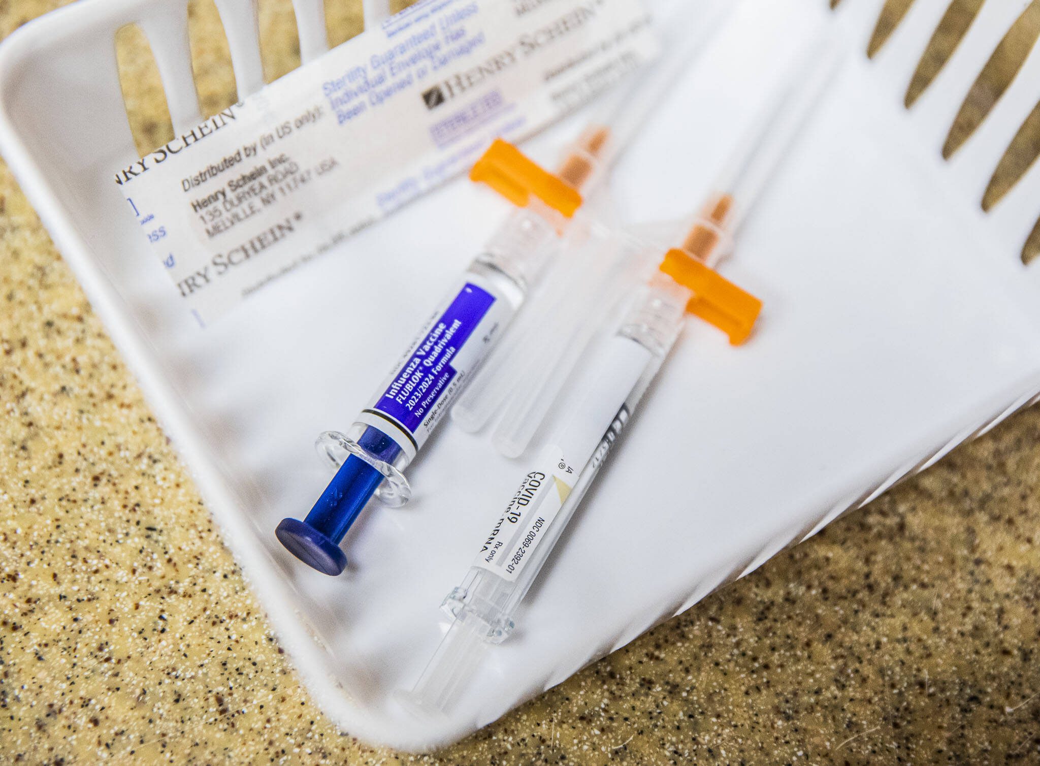 A COVID-19 and influenza vaccine on Thursday, Sept. 28, 2023 in Everett, Washington. (Olivia Vanni / The Herald)