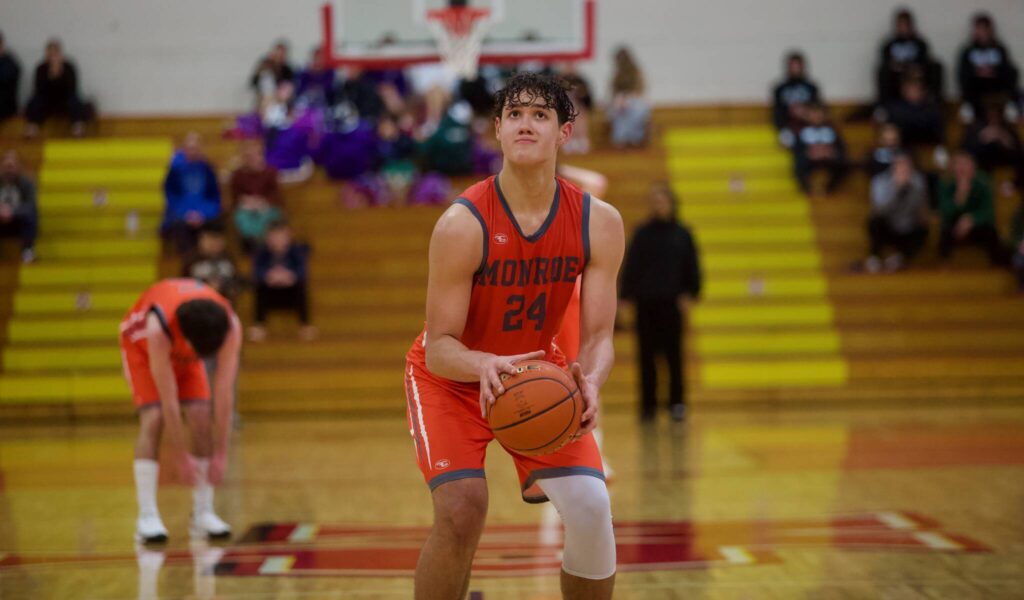 Monroe junior Chayce Waite-Kellar sets up for a free throw against Shorecrest in the District 1 Boys 3A Basketball Semifinals in Marysville, Washington on Feb. 19, 2025. (Joe Pohoryles / The Herald)
