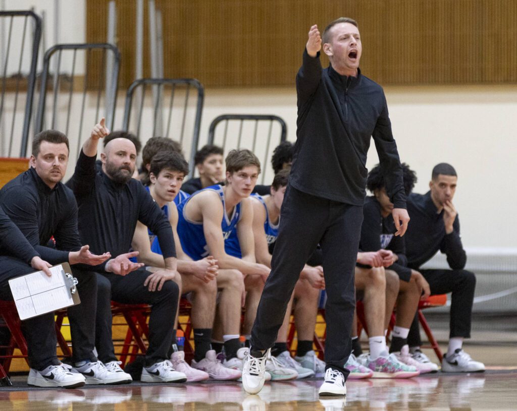 Shorewood head coach Joey Petschl yells at the referees about a call during the 3A district semifinal game against Edmonds-Woodway on Wednesday, Feb. 19, 2025 in Marysville, Washington. (Olivia Vanni / The Herald)

