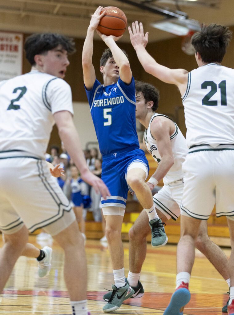 Shorewood’s Thomas Moles makes a jump shot during the 3A district semifinal game against Edmonds-Woodway on Wednesday, Feb. 19, 2025 in Marysville, Washington. (Olivia Vanni / The Herald)
