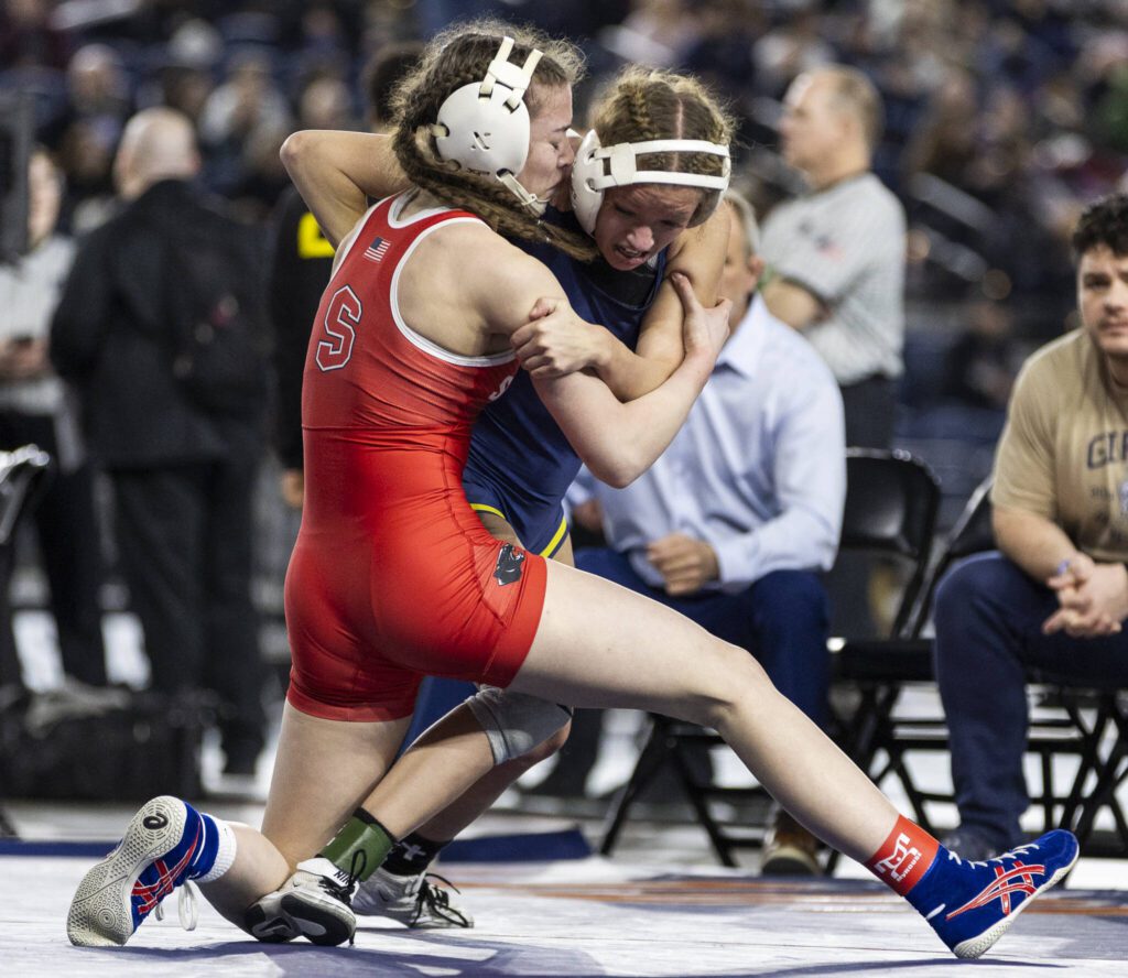 Snohomish’s Malia Ottow wrestles in the 3A girls 120-pound championship match at the Mat Classic on Friday, Feb. 21, 2025 in Tacoma, Washington. (Olivia Vanni / The Herald)
