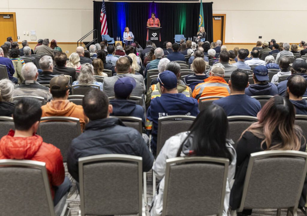 CEO and Founder of Project Girl Mentoring Program Olympia Edwards speaks during Lynnwood Mayor Christine Frizzell’s State of the City address Wednesday at the Lynnwood Event Center on Wednesday, Feb. 26, 2025 in Lynnwood. (Olivia Vanni / The Herald)
