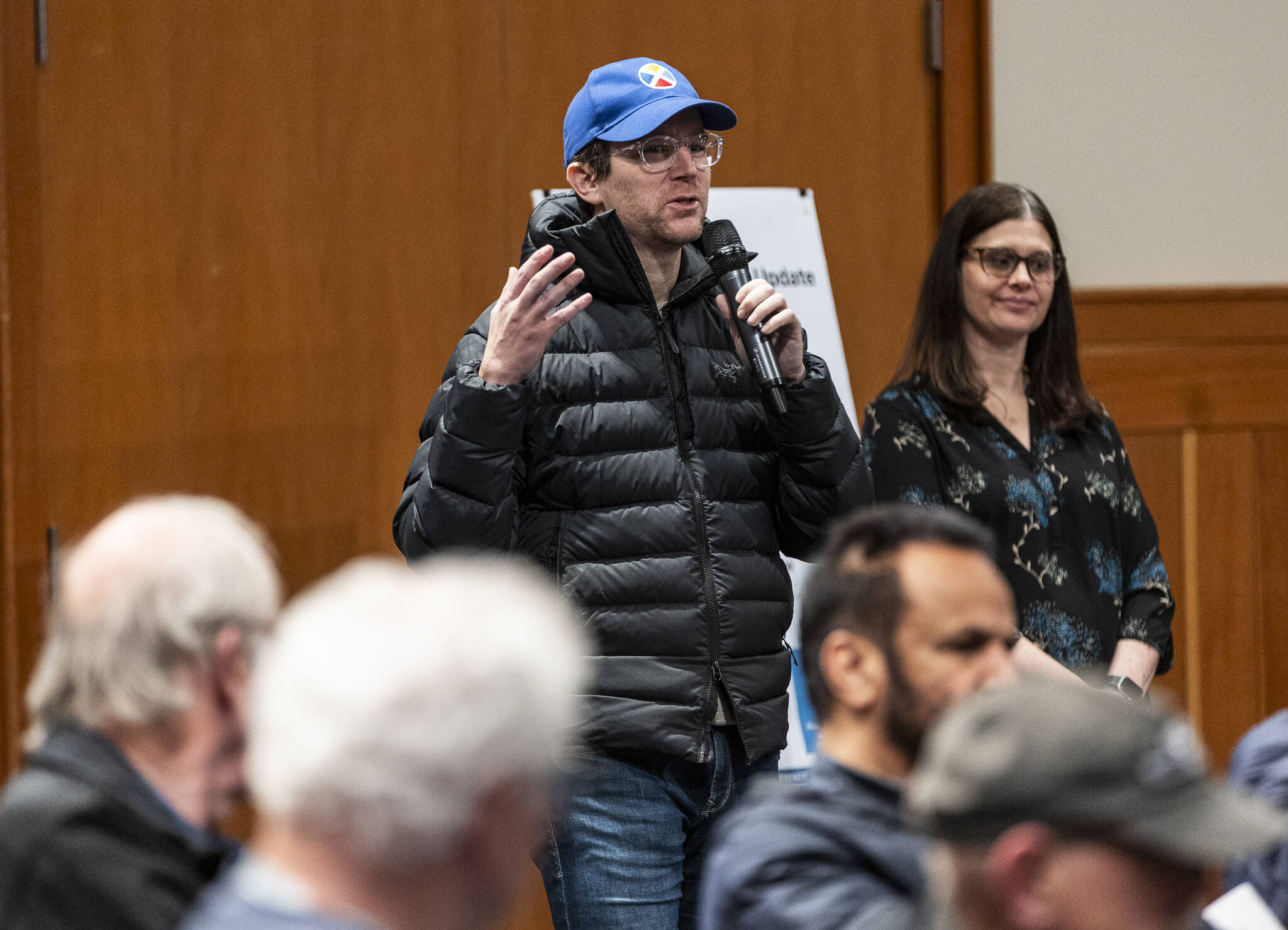 Brock Howell asks a question during the Everett Planning Department open house at Everett Station on Wednesday, Feb. 26, 2025 in Everett, Washington. (Olivia Vanni / The Herald)