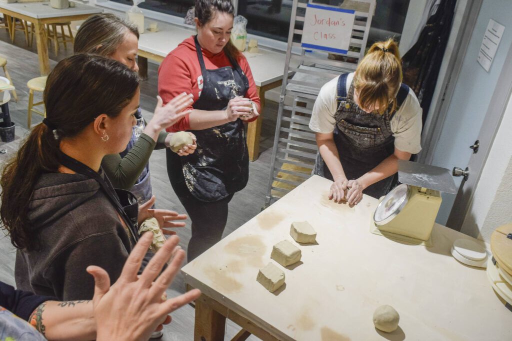 Each student starts with a 25-pound chunk of clay to begin with pounding, rolling and shaping the clay at the Whidbey Clay Center in Freeland. (Patricia Guthrie / Special to The Herald)
