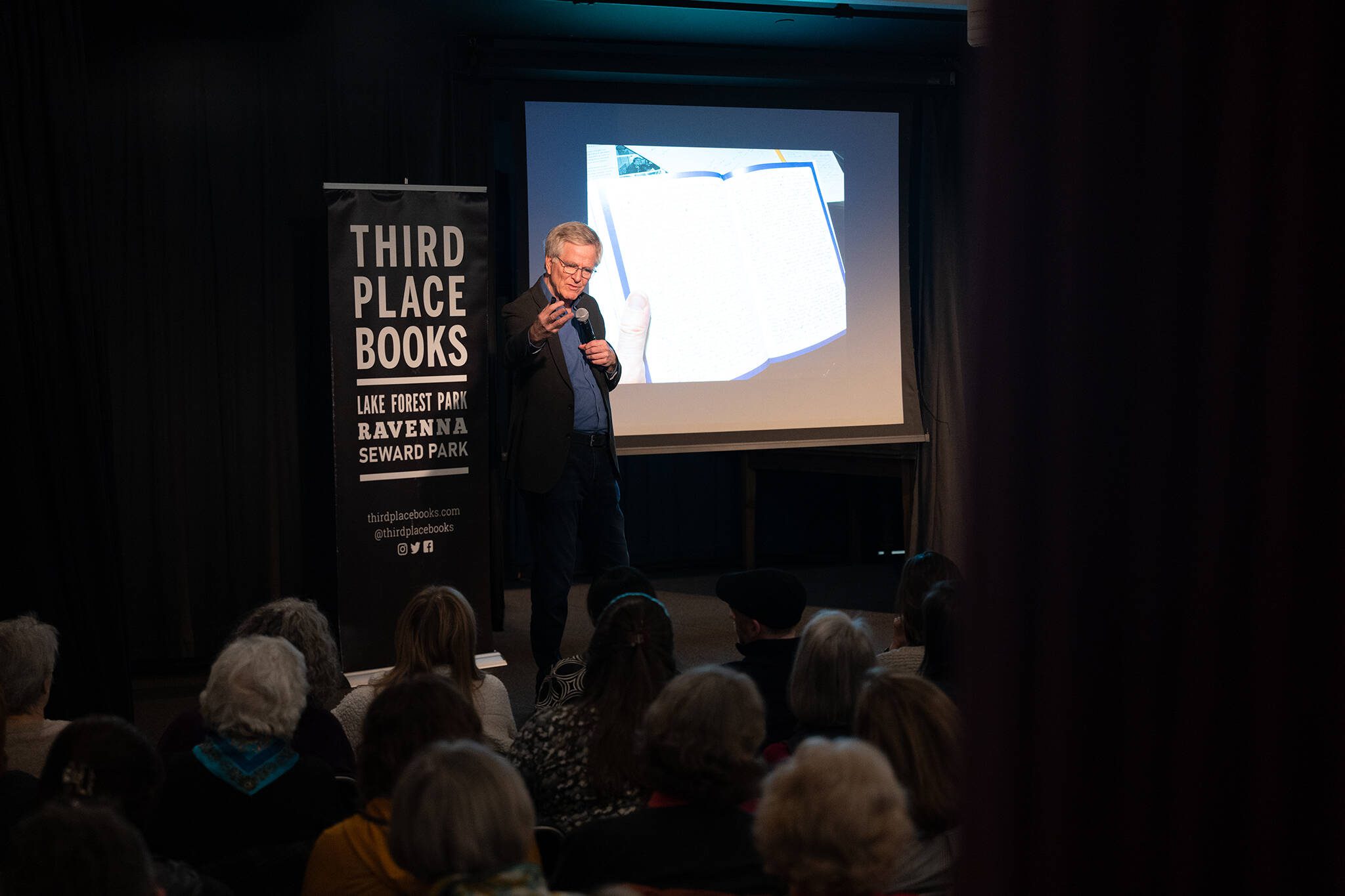 Rick Steves speaks at an event for his new book, “On the Hippie Trail: Istanbul to Kathmandu and the Making of a Travel Writer,” Thursday, Feb. 27 at Third Place Books in Lake Forest, Washington. (Will Geschke / The Herald)