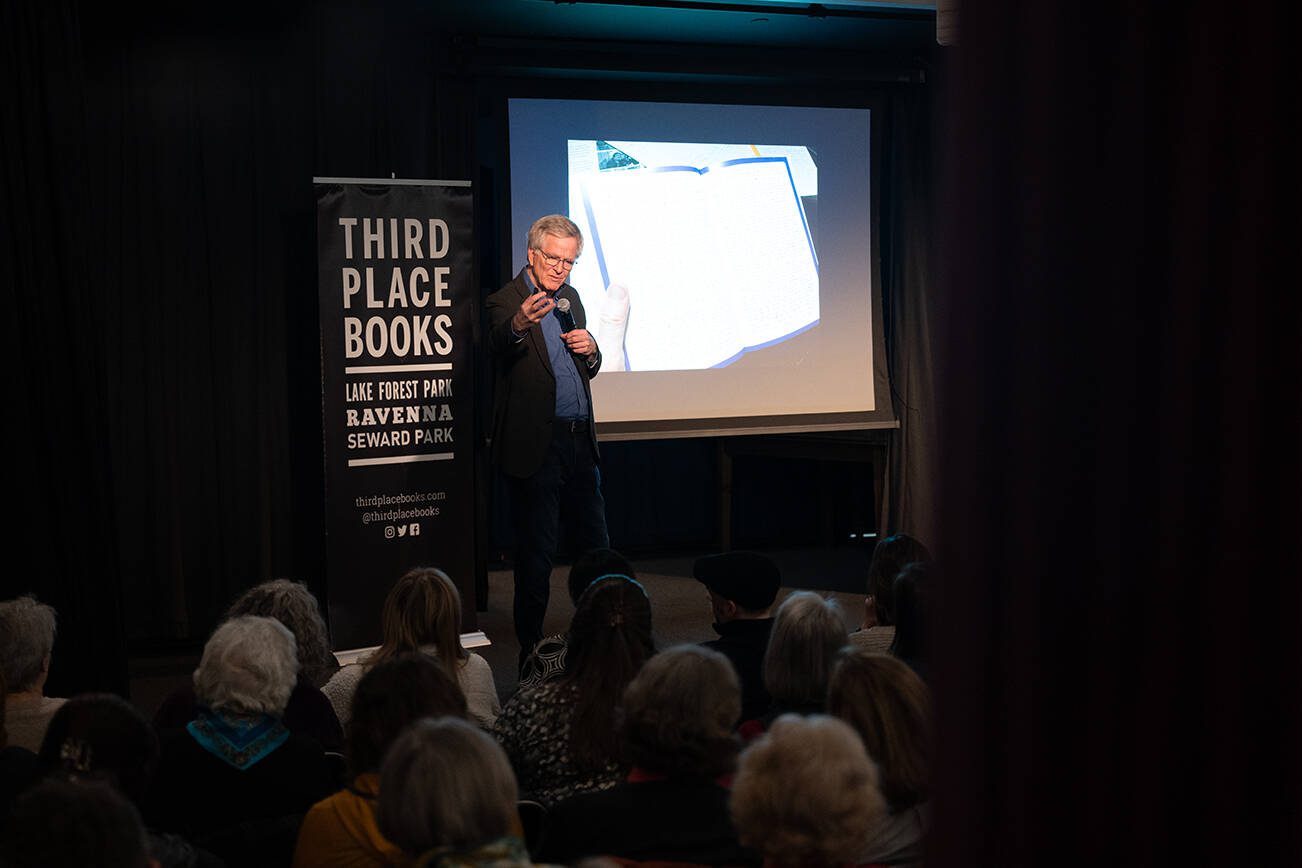 Rick Steves speaks at an event for his new book, On the Hippie Trail, on Thursday, Feb. 27 at Third Place Books in Lake Forest, Washington. (Will Geschke / The Herald)