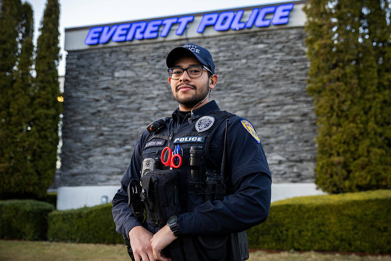 Everett Police Officer Ruben Oviedo outside of the south precinct on Tuesday, March 4, 2025 in Everett, Washington. (Olivia Vanni / The Herald)