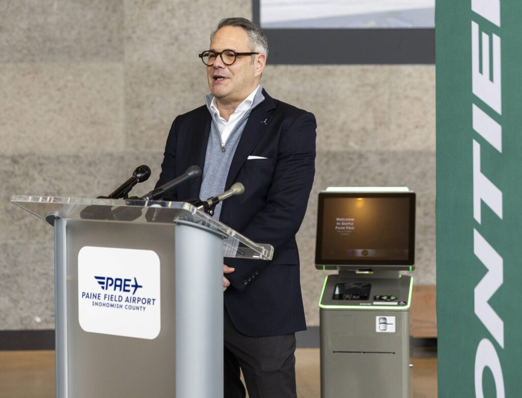 Propeller Owner and CEO Brett Smith speaks at a press conference announcing Frontier’s service from Paine Field Airport on Tuesday, March 4, 2025 in Everett, Washington. (Olivia Vanni / The Herald)
