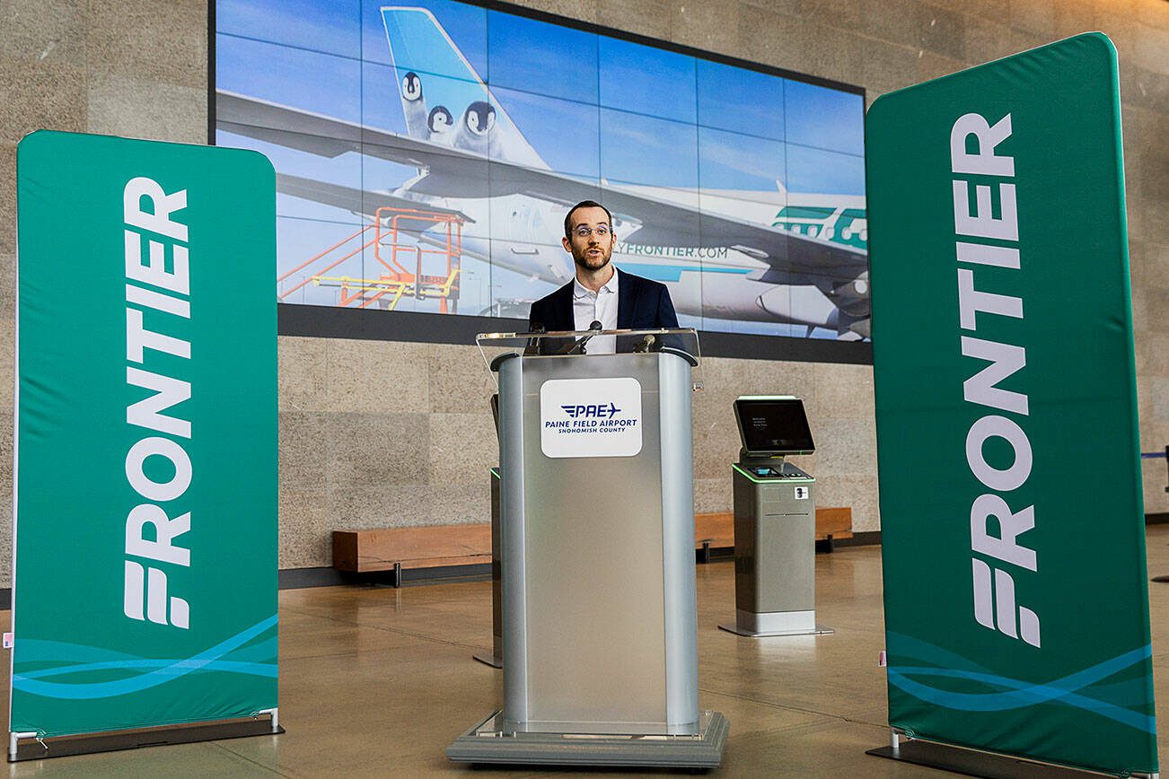 Frontier Director of Network Planning Stephen Shaw speaks at a press conference announcing Frontier’s service from Paine Field Airport on Tuesday, March 4, 2025 in Everett, Washington. (Olivia Vanni / The Herald)