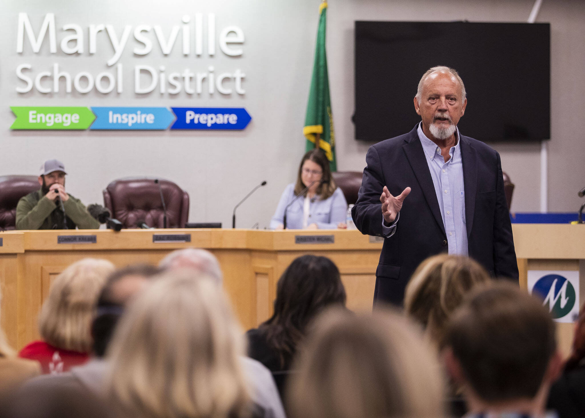 The new Marysville School District Superintendent Dr. David Burgess speaks during a meeting announcing his hiring to the position on Thursday, Oct. 3, 2024 in Marysville, Washington. (Olivia Vanni / The Herald)