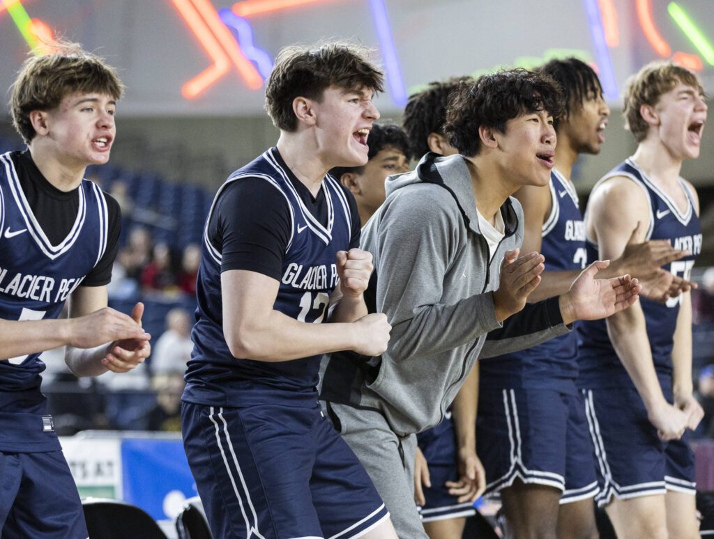 The Glacier Peak reacts to a score during the 4A boys quarterfinal game against Camas on Thursday, March 6, 2025 in Tacoma, Washington. (Olivia Vanni / The Herald)
