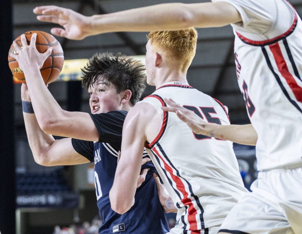 Glacier Peak’s Zachary Albright looks for a teammate to pass to during the 4A boys quarterfinal game against Camas on Thursday, March 6, 2025 in Tacoma, Washington. (Olivia Vanni / The Herald)

