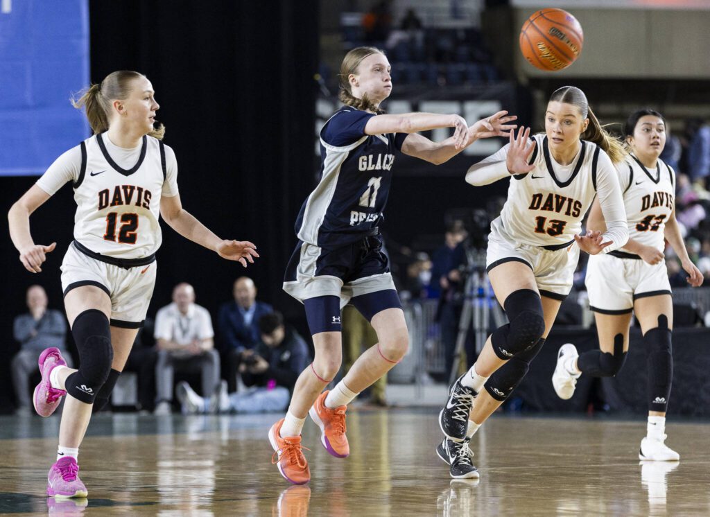 Glacier Peak’s Zoey Ritter passes the ball during the 4A girls semifinal game against Davis on Friday, March 7, 2025 in Tacoma, Washington. (Olivia Vanni / The Herald)
