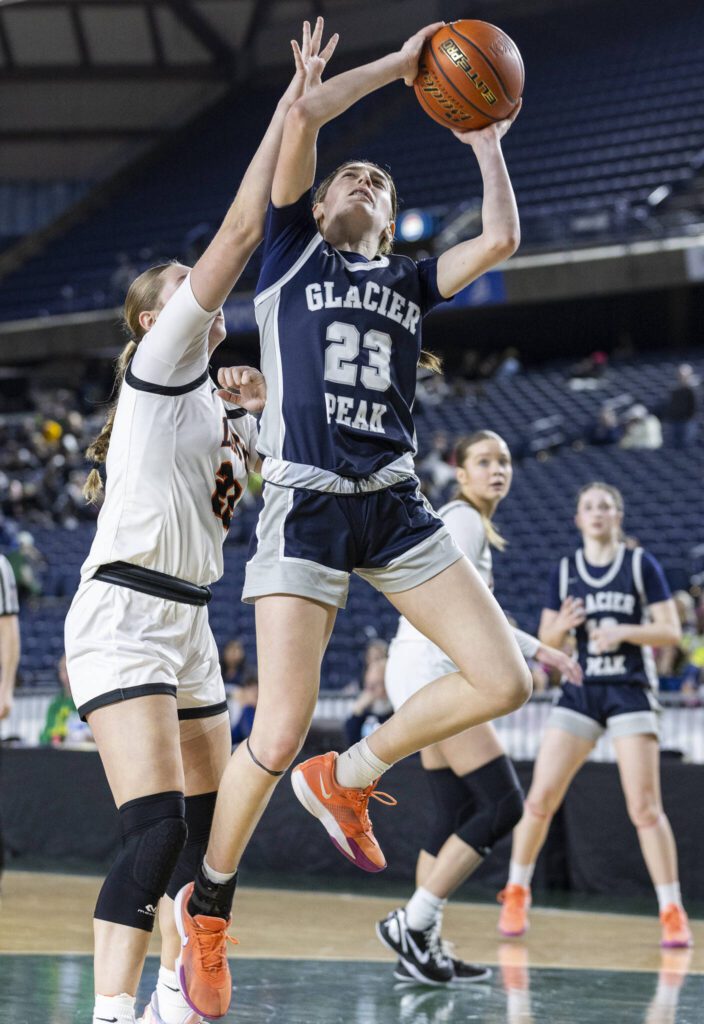 Glacier Peak’s Lillian Riechelson shoots a layup during the 4A girls semifinal game against Davis on Friday, March 7, 2025 in Tacoma, Washington. (Olivia Vanni / The Herald)
