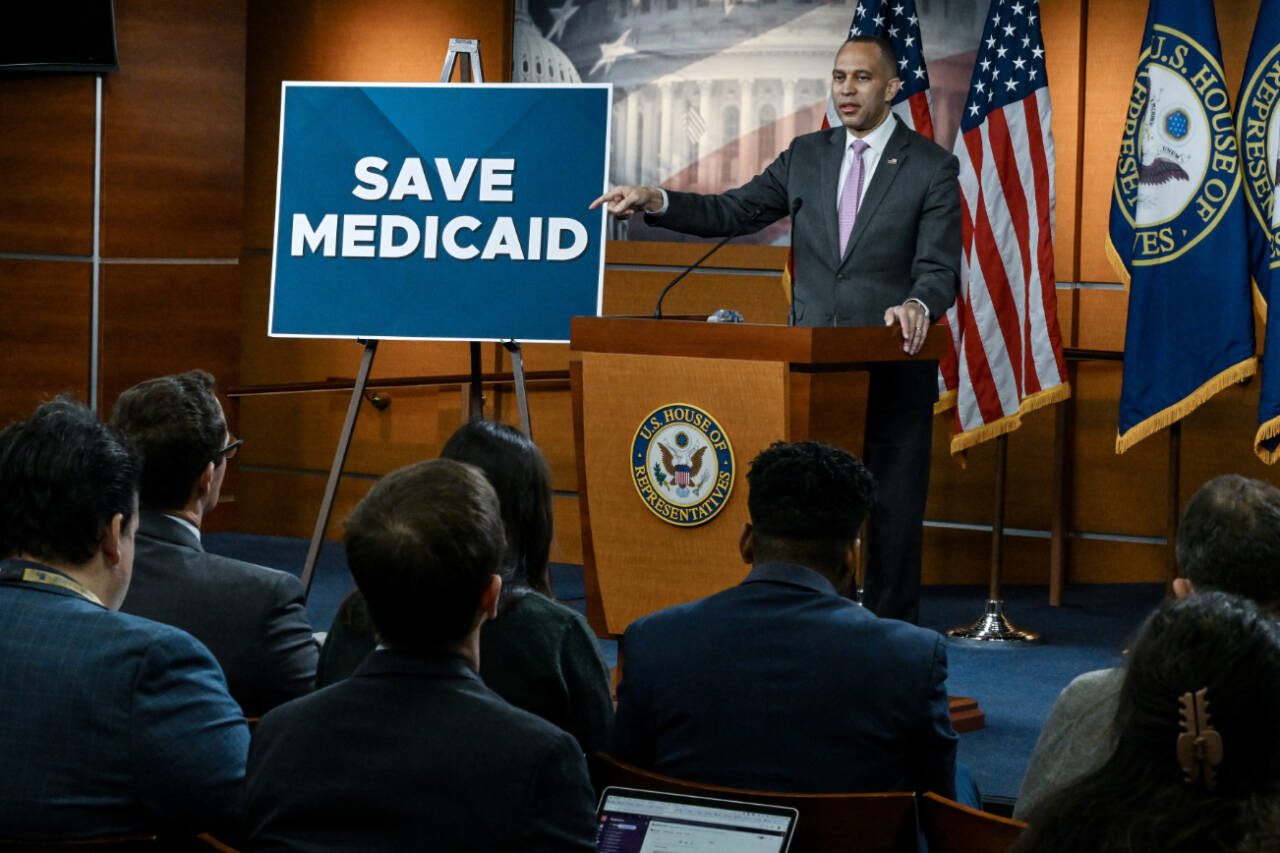 House Minority Leader Hakeem Jeffries, D-N.Y.),speaks at a news conference about Republicans’ potential budget cuts to Medicaid, at the U.S. Capitol in Washington, Feb. 27. As Republicans push a budget resolution through Congress that will almost certainly require Medicaid cuts to finance a huge tax reduction, Democrats see an opening to use the same strategy in 2026 that won them back the House in 2018. (Kenny Holston / The New York Times)