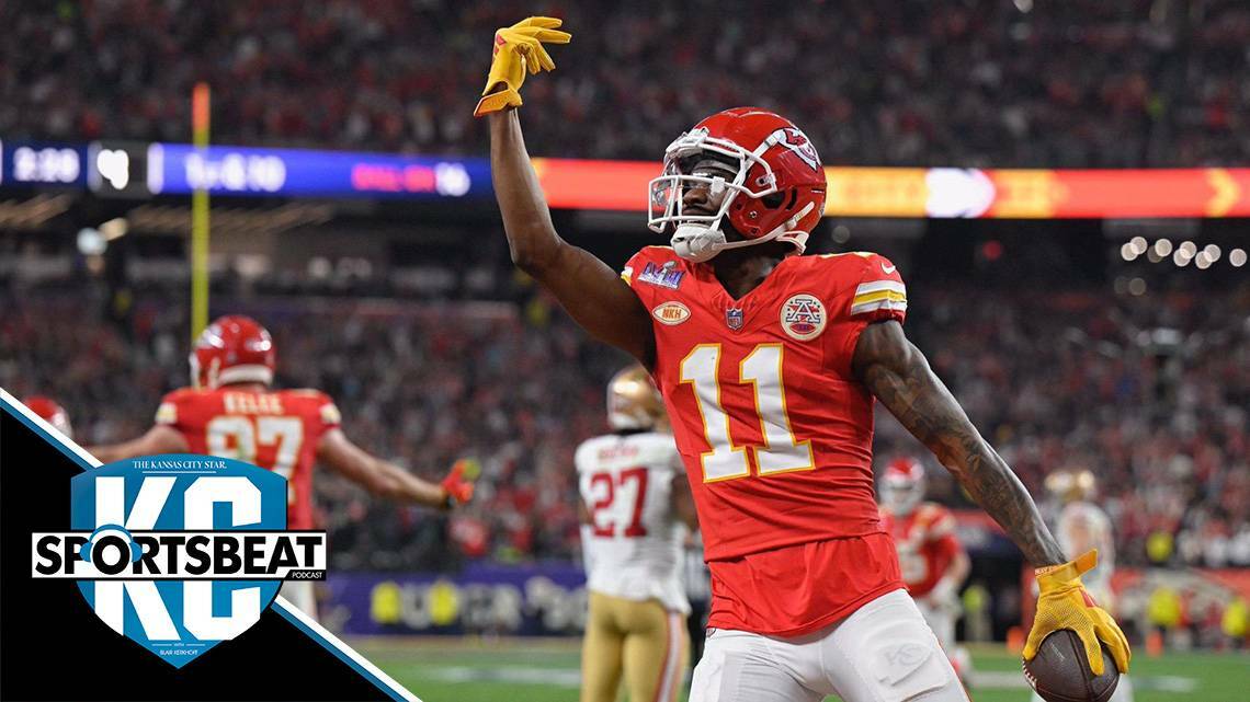 Kansas City Chiefs wide receiver Marquez Valdes-Scantling (11) celebrates a touchdown reception in the second half against the San Francisco 49ers in Super Bowl LVIII, Sunday, Feb. 11, 2024, in Las Vegas. (Tammy Ljungblad / Tribune News Services)