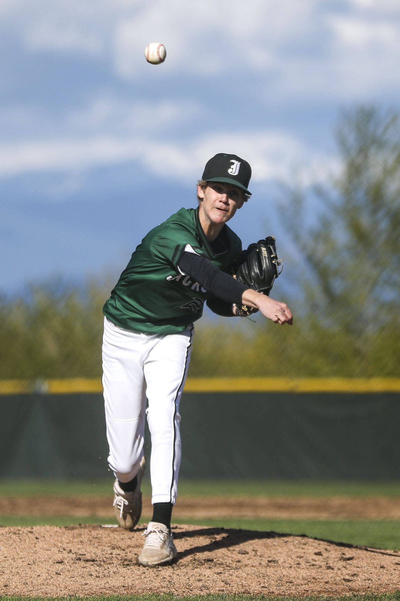 Jackson’s Austin Halvorson (22) pitches during a baseball game between Jackson and Glacier Peak at Glacier Peak High School on Tuesday, April 16, 2024 in Snohomish, Washington. (Annie Barker / The Herald)