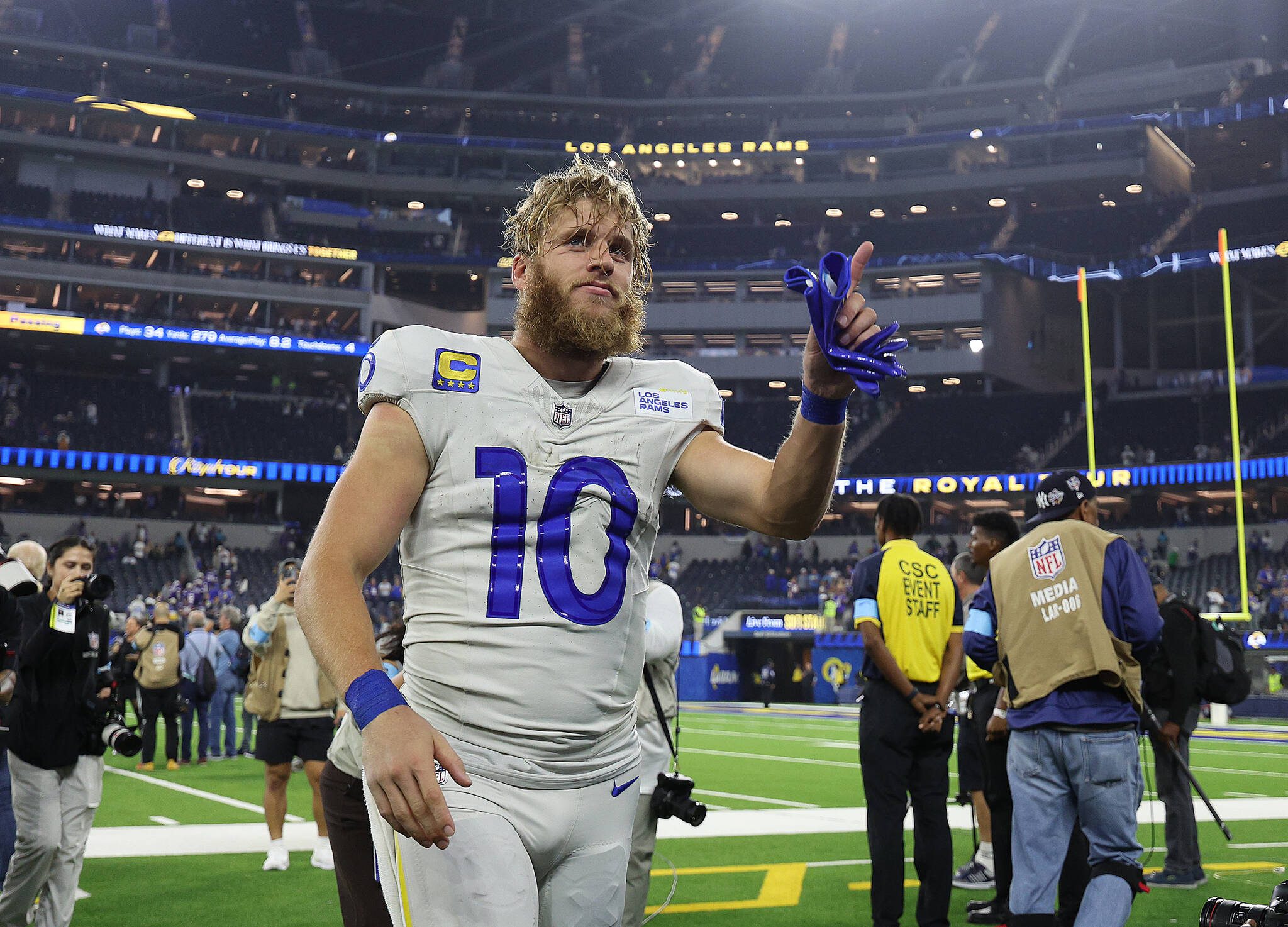 Cooper Kupp of the Los Angeles Rams waves after a 30-20 win against the Minnesota Vikings at SoFi Stadium on Thursday, Oct. 24, 2024, in Inglewood, California. (Harry How / Getty Images / Tribune News Services)