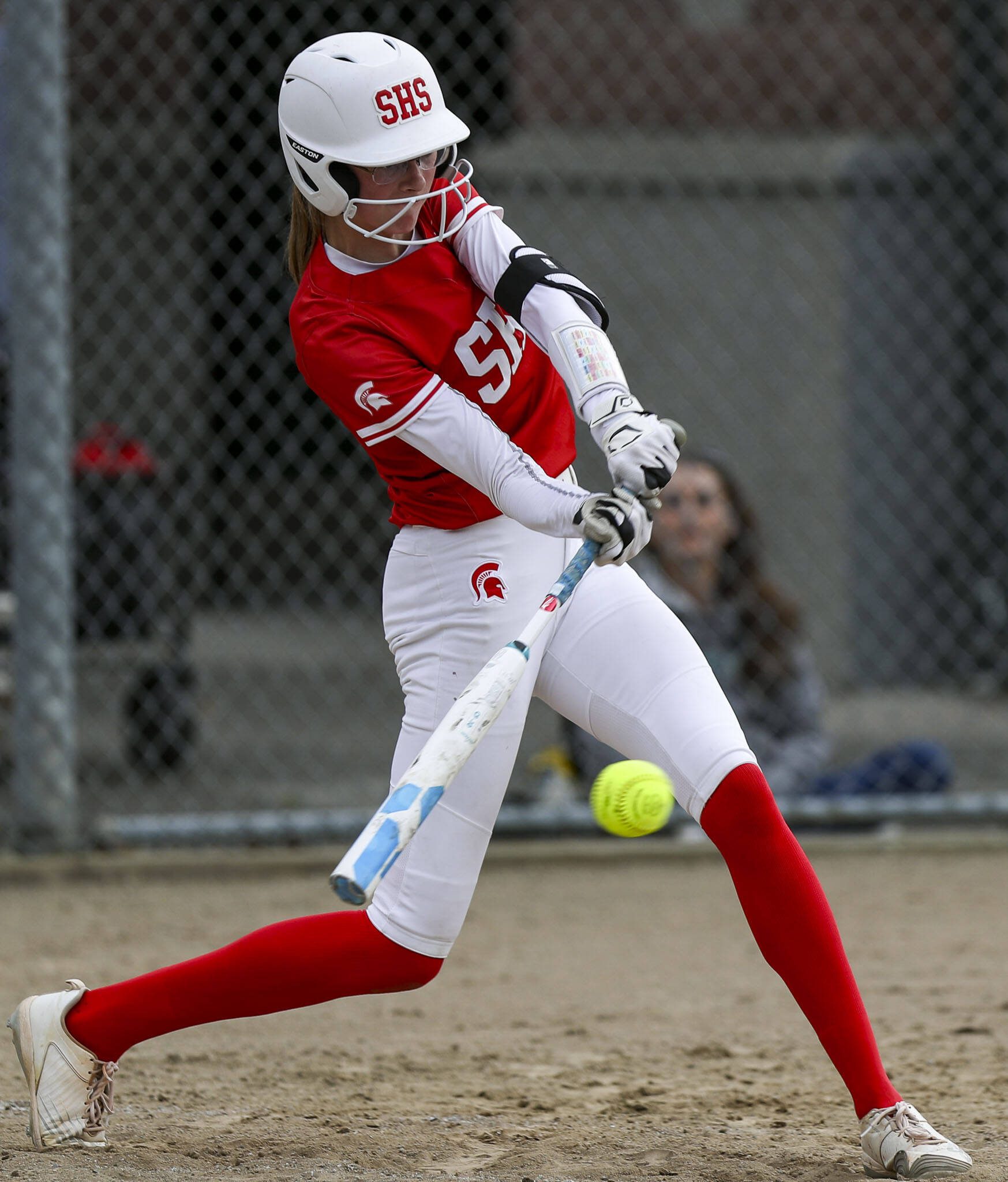 Stanwood’s Megan Stulc (1) swings during a prep softball game between Stanwood and Jackson at Henry M. Jackson High School on Tuesday, April 2, 2024 in Mill Creek, Washington. Jackson won, 6-0. (Annie Barker / The Herald)