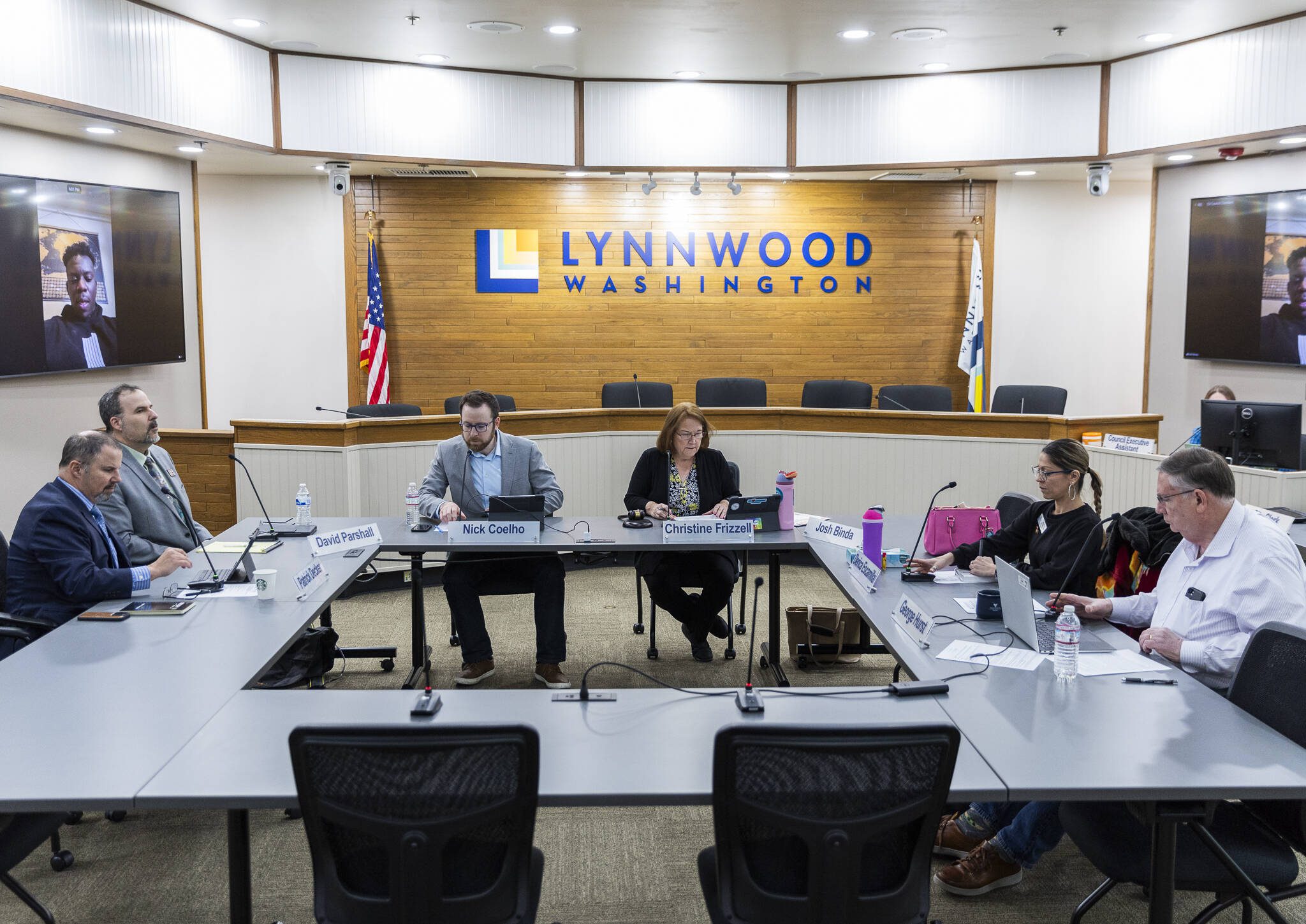 Lynnwood City Council members gather for a meeting on Monday, March 17, 2025 in Lynnwood, Washington. (Olivia Vanni / The Herald)