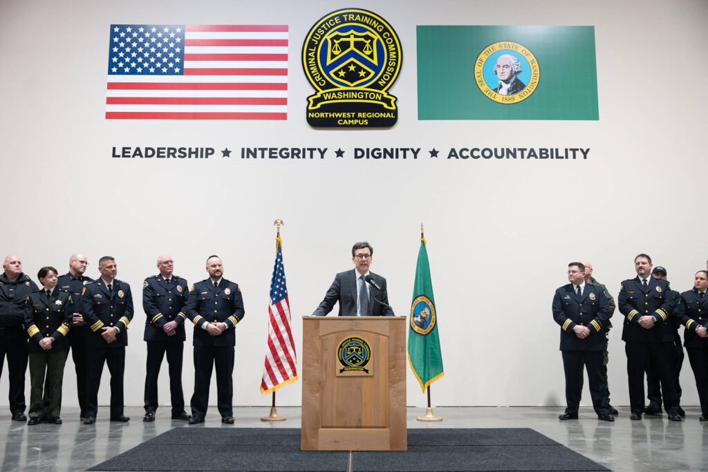 Gov. Bob Ferguson speaks at the opening of the Washington State Criminal Justice Training Commission’s Northwest Regional Campus on Thursday, March 20 in Arlington, Washington. (Will Geschke / The Herald)
