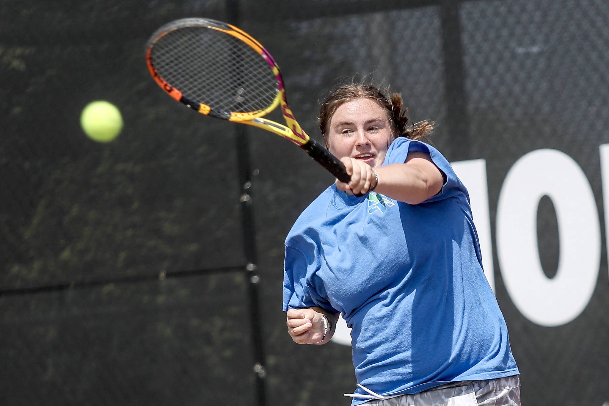 Shorewood's Rylie Gettmann hits the ball during a Class 3A District 1 girls tennis tournament at Snohomish High School in Snohomish, Washington on Wednesday, May 15, 2024.  (Annie Barker / The Herald)