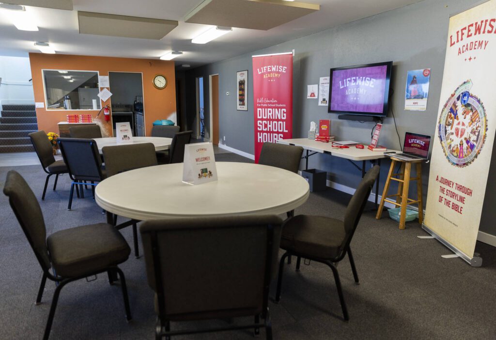 The LifeWise classroom set up inside of New Hope Assembly on Monday, April 14, 2025 in Everett, Washington. (Olivia Vanni / The Herald)
