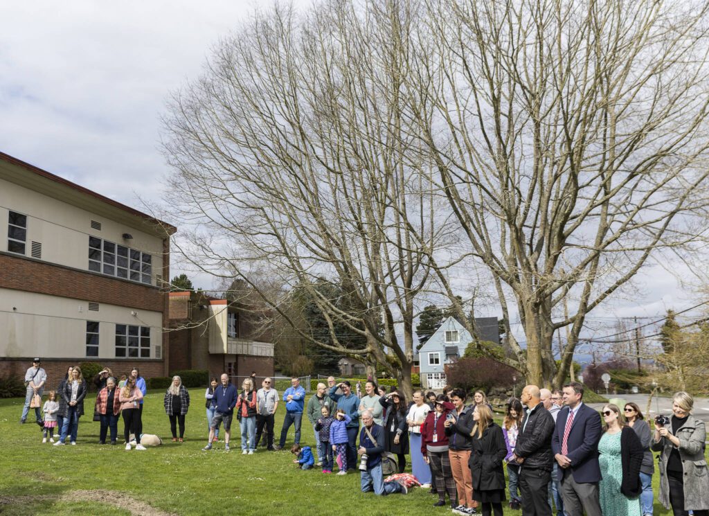 People gather for the Jackson Elementary School groundbreaking on Tuesday, April 1, 2025 in Everett, Washington. (Olivia Vanni / The Herald)
