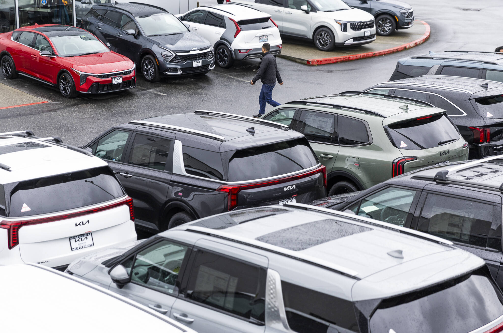 A person walks through the lot at Kia of Everett shopping for a car on Tuesday, April 1, 2025 in Everett, Washington. (Olivia Vanni / The Herald)