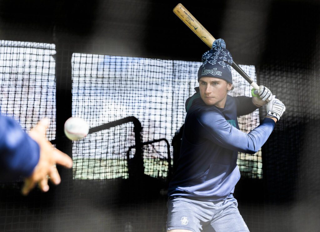 AquaSox’s Colt Emerson hits in the batting cages during practice at Funko Field on Tuesday, April 1, 2025 in Everett, Washington. (Olivia Vanni / The Herald)
