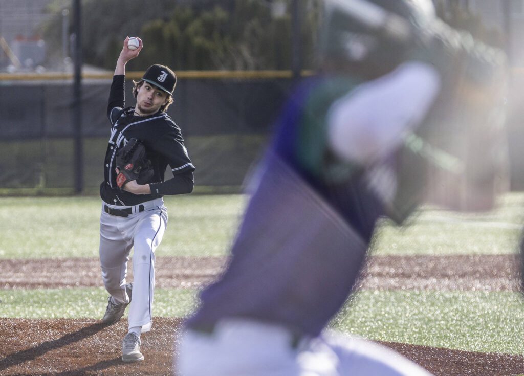 Jackson’s Drew Pepin pitches during the game against Edmonds-Woodway on Wednesday, April 2, 2025 in Edmonds, Washington. (Olivia Vanni / The Herald)
