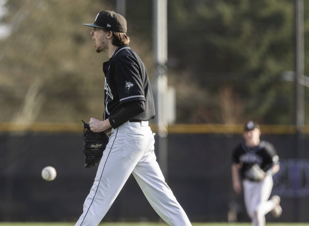 Jackson’s Drew Pepin yells after striking out the final batter to end the game against Edmonds-Woodway on Wednesday, April 2, 2025 in Edmonds, Washington. (Olivia Vanni / The Herald)
