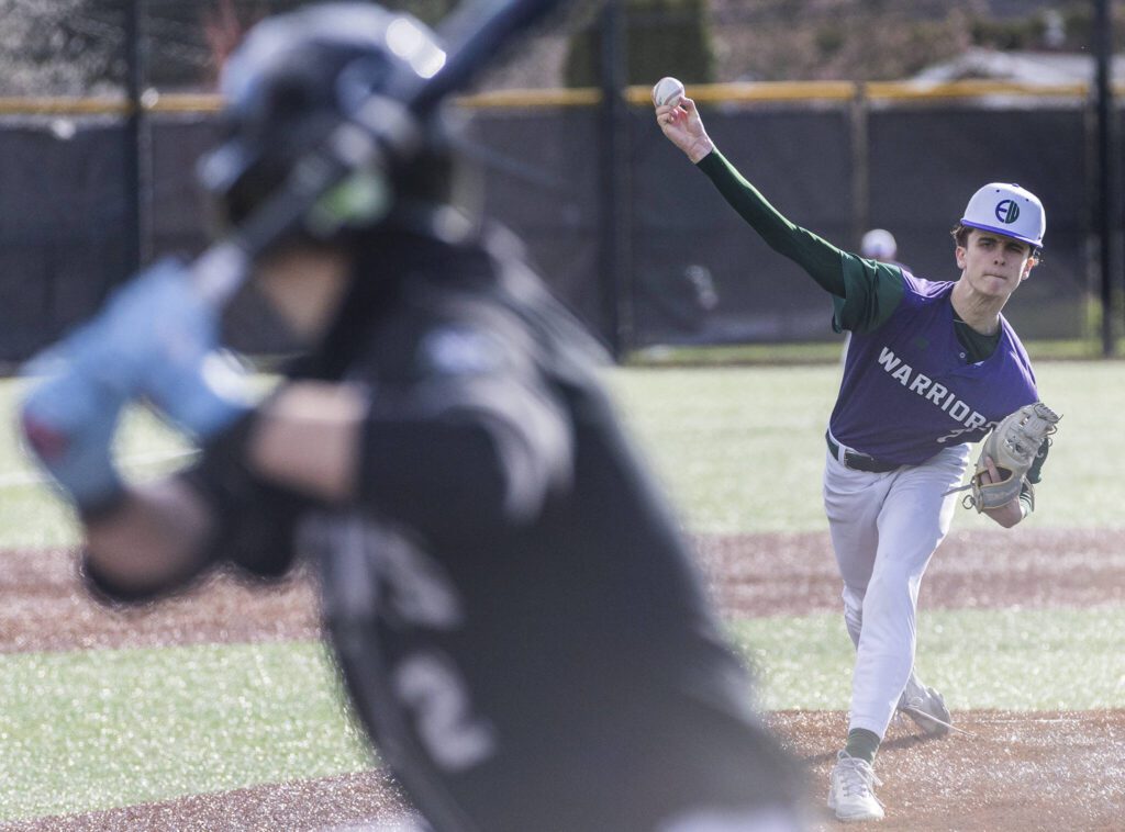 Edmonds-Woodway’s Declan Crawford pitches during the game against Jackson on Wednesday, April 2, 2025 in Edmonds, Washington. (Olivia Vanni / The Herald)
