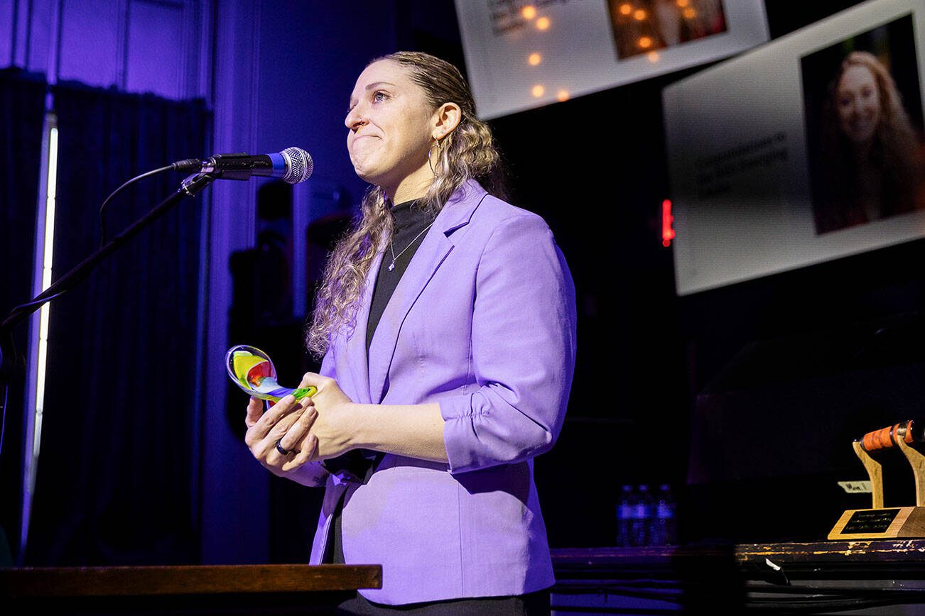 2025 Emerging Leader winner Samantha Love becomes emotional after receiving her award on Tuesday, April 8, 2025 in Everett, Washington. (Olivia Vanni / The Herald)
