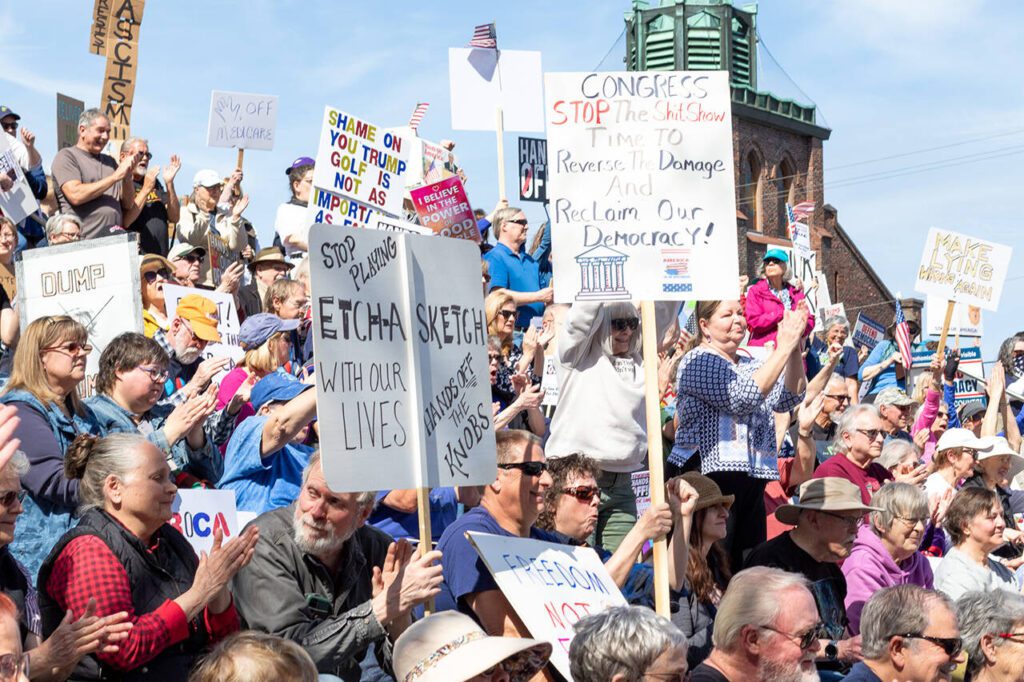 An estimated 4,000 people attended the anti-Trump demonstration at the Snohomish County campus on Saturday, April 5, 2025, in Everett, Washington. (Aaron Kennedy / The Herald)
