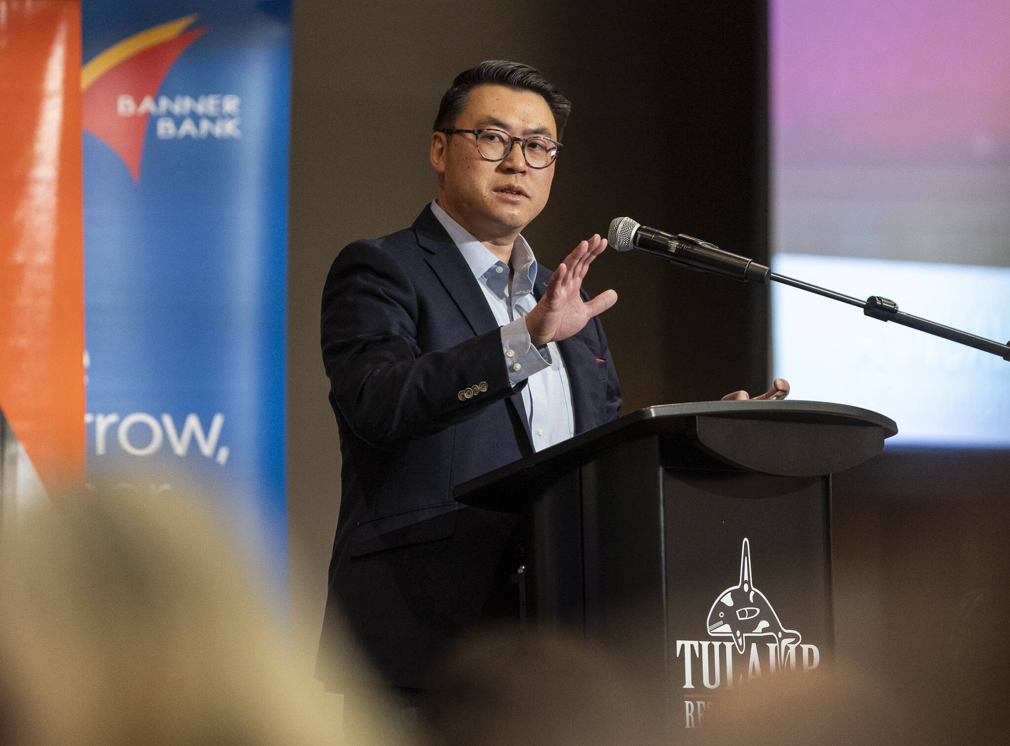 Washington State Department of Commerce Director Joe Nguyen speaks during the Economic Alliance Snohomish County’s Annual Meeting and Awards events on Tuesday, April 22, 2025 in Tulalip, Washington. (Olivia Vanni / The Herald)