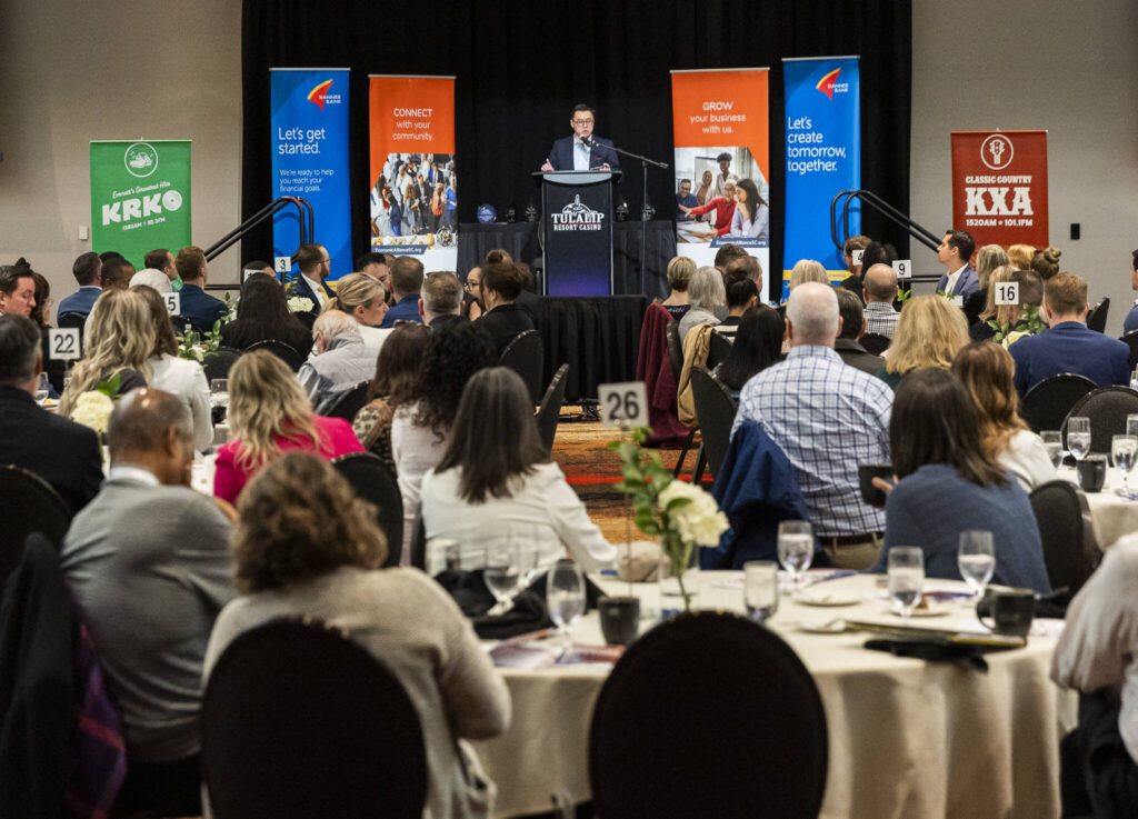 Washington State Department of Commerce Director Joe Nguyen answers questions after his speech at the Economic Alliance Snohomish County’s Annual Meeting and Awards events on Tuesday, April 22, 2025 in Tulalip, Washington. (Olivia Vanni / The Herald)
