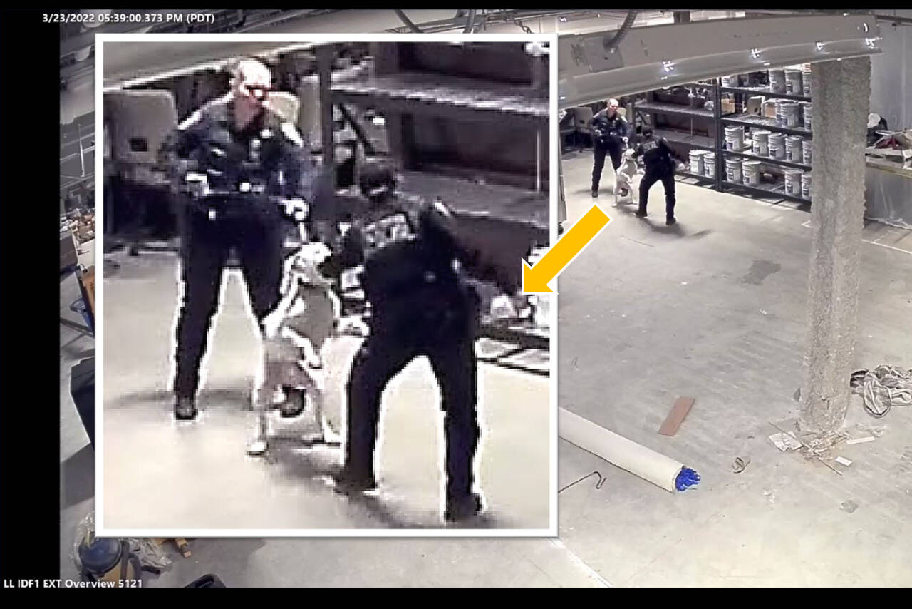 Security video from Angel of the Winds Casino shows the moment that a K-9 unit attacks Dana Bahrakis at 5:39 p.m. March 23, 2022. (Image provided)