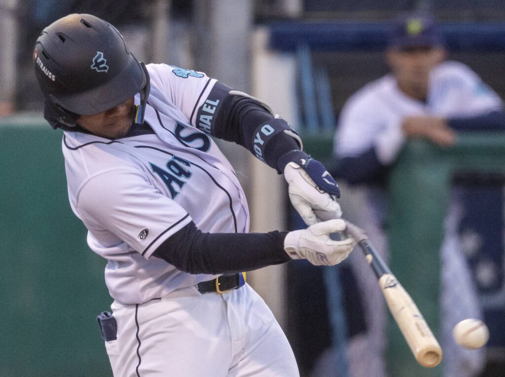 Everett AquaSox designated hitter Michael Arroyo breaks his bat during the Opening Day game against the Hillsboro Hops on Tuesday, April 8, 2025 in Everett, Washington. (Olivia Vanni / The Herald)
