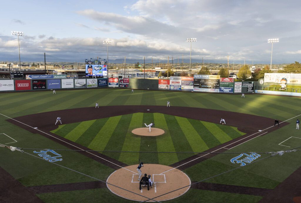 Everett AquaSox pitcher Nick Payero throws the first pitch during the Opening Day game against the Hillsboro Hops on Tuesday, April 8, 2025 in Everett, Washington. (Olivia Vanni / The Herald)
