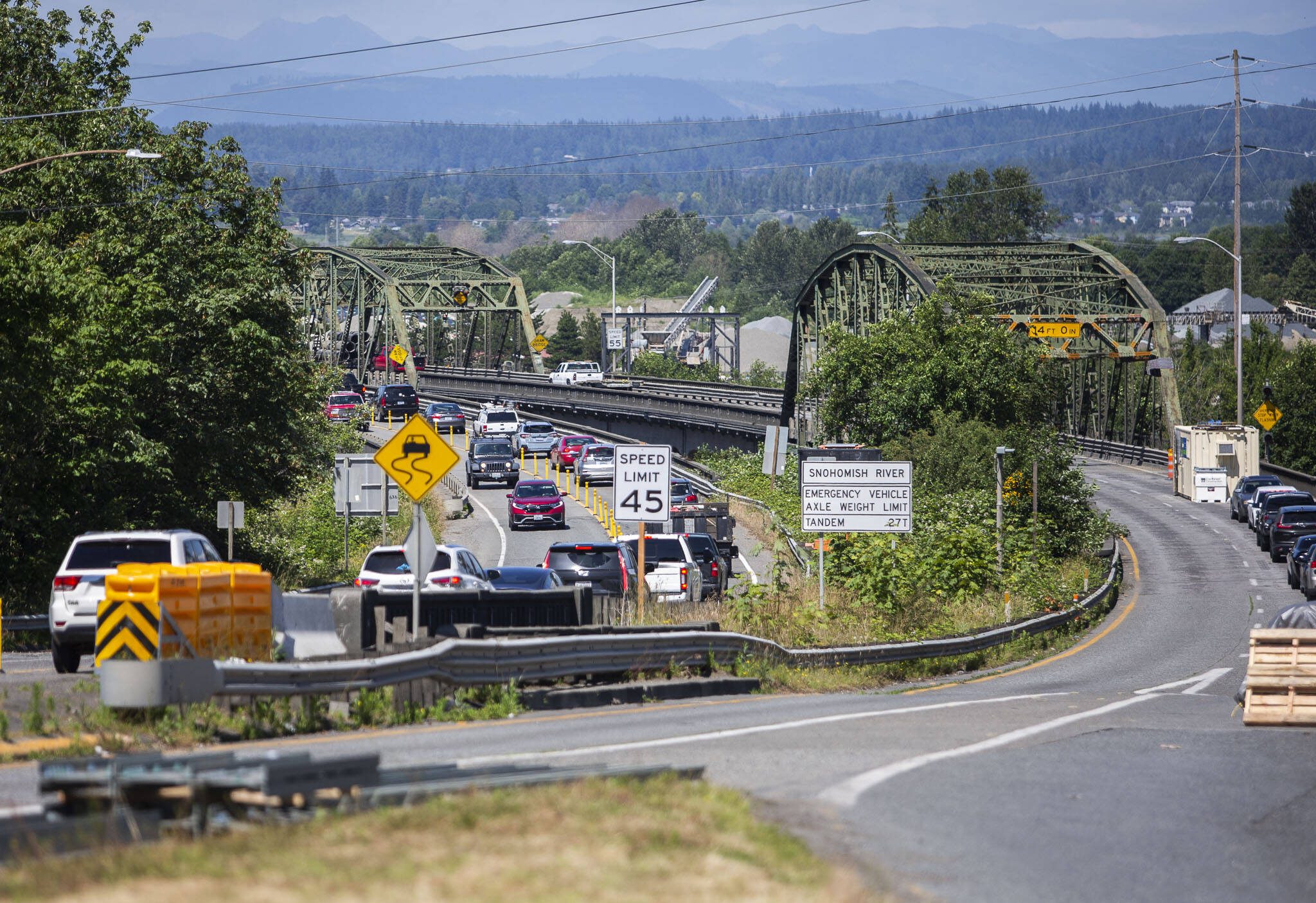 Traffic moves north and south along the southbound side of the Highway 529 after the northbound lanes were closed due to an incident on July 2, 2024, in Everett, Washington. The Washington Department of Transportation plans to close a section of Highway 529 on Friday at Steamboat Slough to allow crews to pave a section of road. (Olivia Vanni / The Herald)